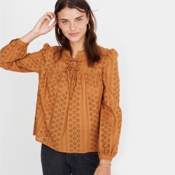 Madewell Tops - Madewell Mustard Eyelet Double-Tie Peasant Top | M